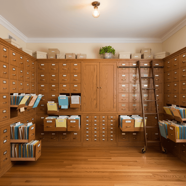 A side view of a room with filing cabinets along the wall, drawers open showing organized documents and artifacts