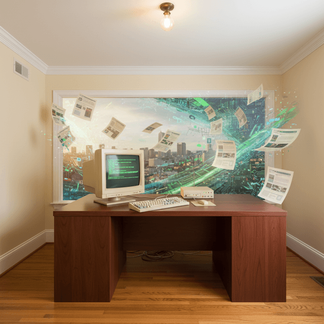 A side view of a room with a computer on a desk next to a window showing the outside world and internet beyond