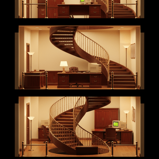 A side view showing stairs connecting rooms vertically, with arrows indicating workflow and context passing between levels