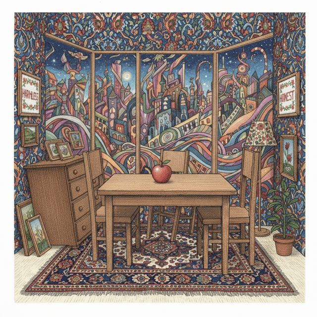 A cozy room with large windows showing a dreamlike, slightly blurred landscape outside—part realistic cityscape, part abstract patterns, suggesting knowledge that's both real and uncertain