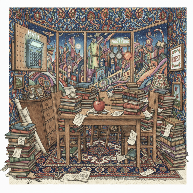 A room becoming cluttered with stacks of books, papers, and objects piling up, some items beginning to fade or blur at the edges, suggesting the limits of space and memory