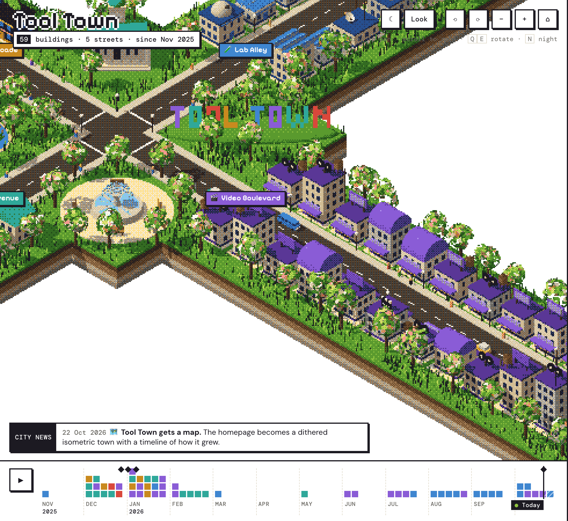A close-up of Video Boulevard: rows of purple-roofed cinemas and studios facing each other across a road, with trees and people on the footpaths