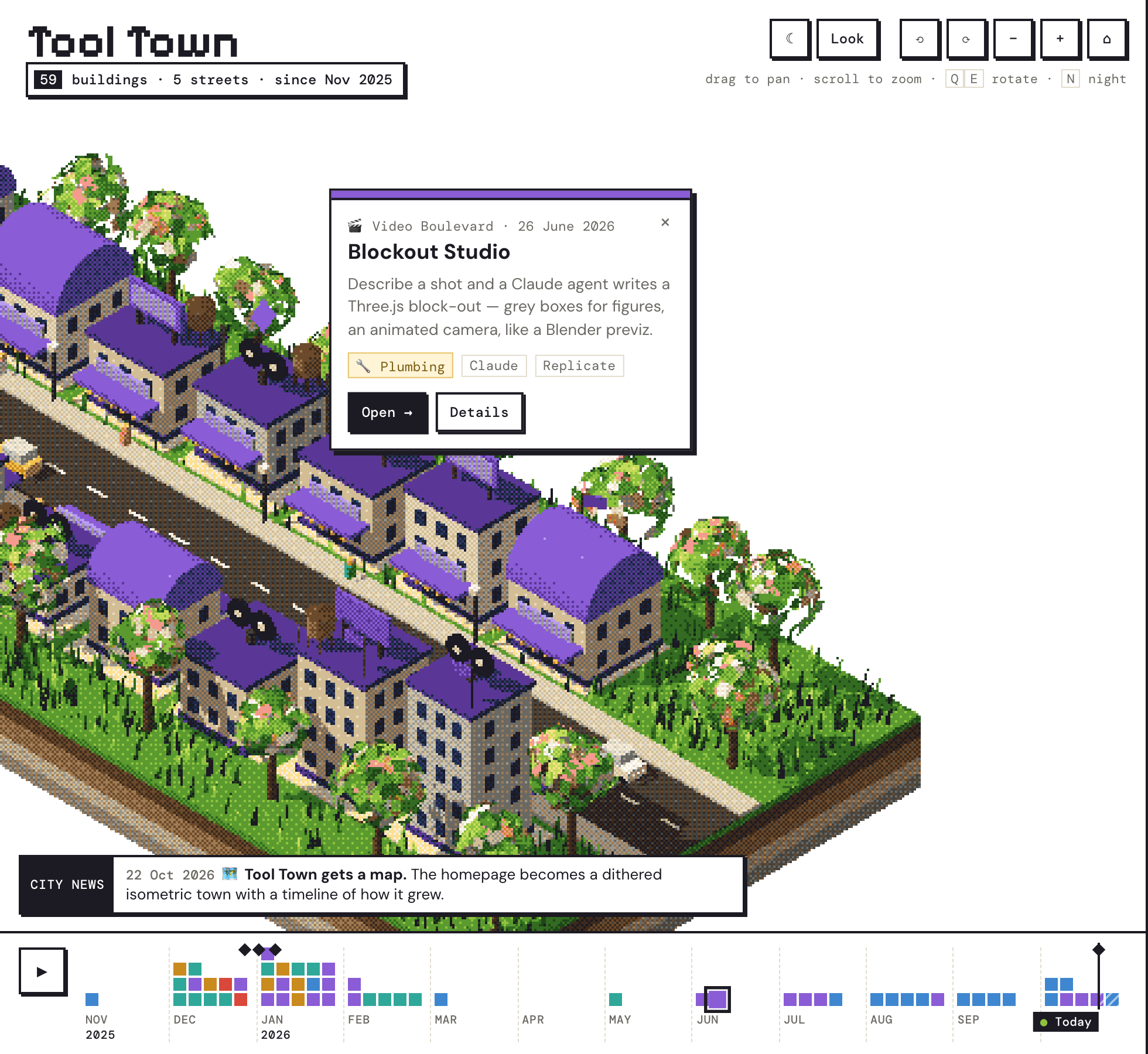 Blockout Studio selected on the map, with a water tower on its roof and a Plumbing badge in its info card
