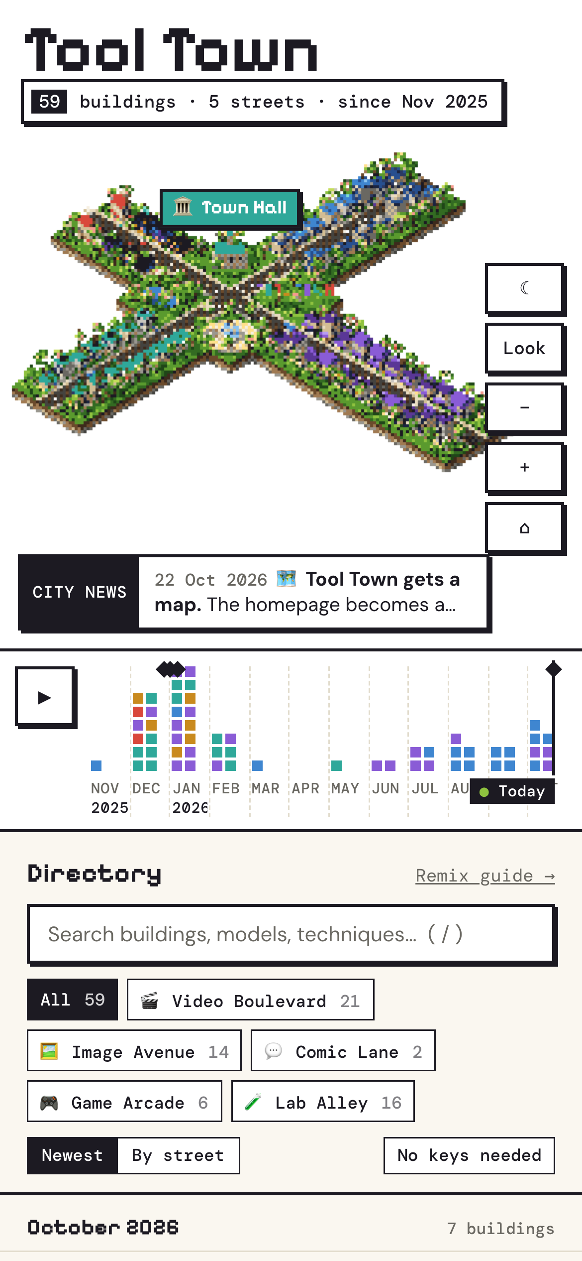 Tool Town on a phone: the title, the island map with Town Hall label and map controls, the City News ticker, the timeline and the directory with street filters